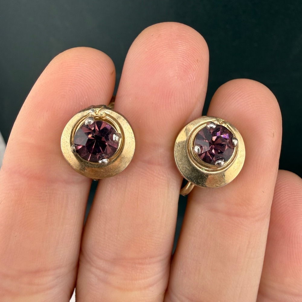 Vintage Barclay Screw Back Earrings Gold Tone Purple Rhinestone Signed